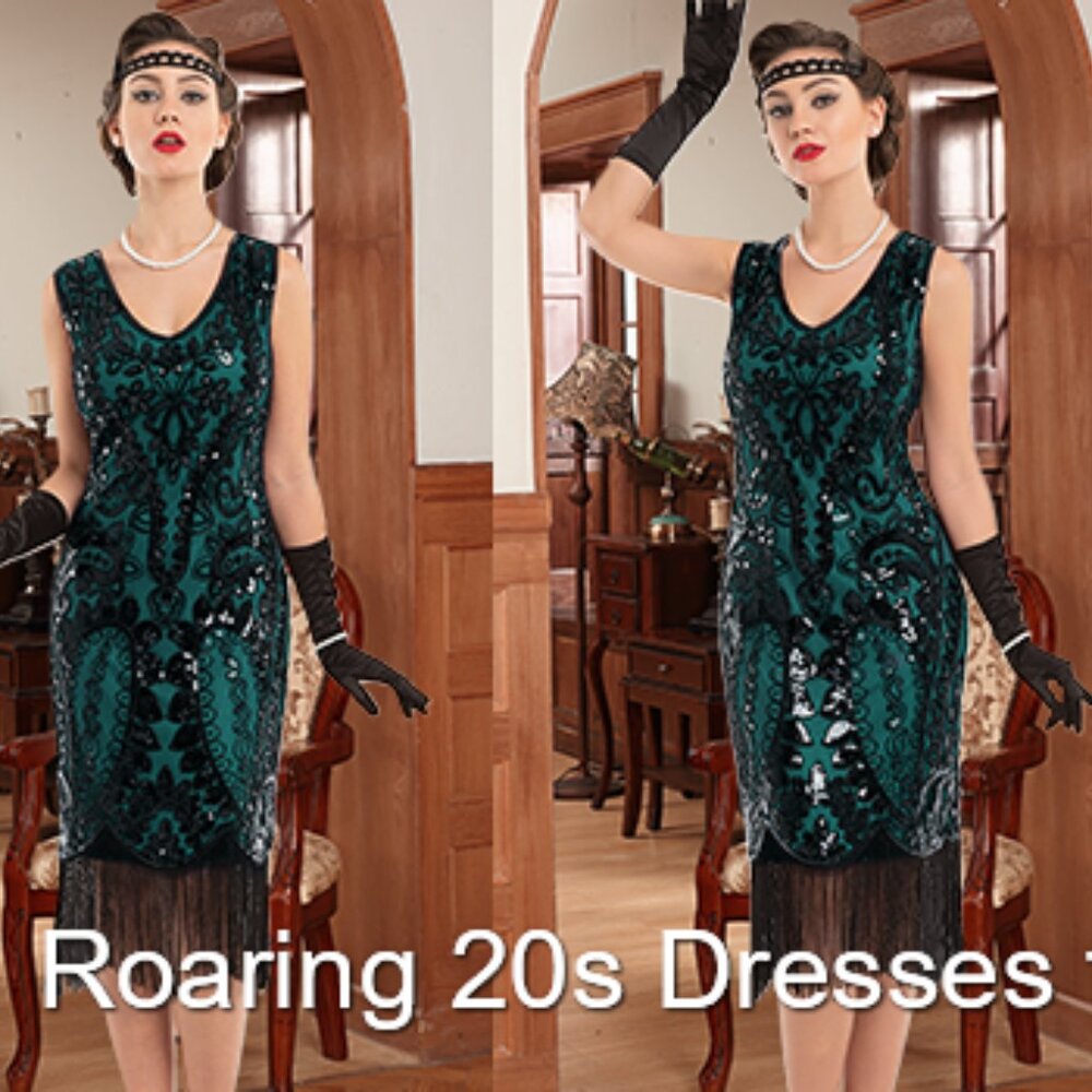 Women's Flapper Dress 1920s Sequin Fringed Paisley V Neck Dark Green